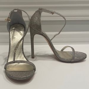 Stuart Weitzman NUDIST Metallic Gold Silver Strappy Stiletto Heels – Worn Once